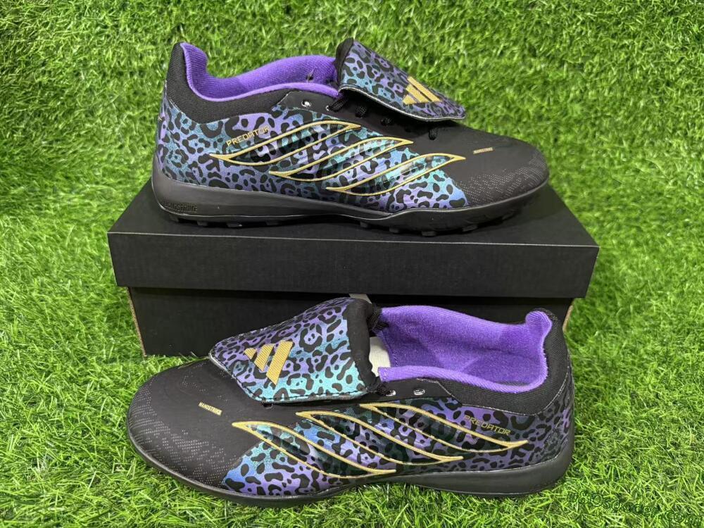 Adidas Predator 26 Elite Fold-Over Tongue TF Artificial Turf Soccer Shoes - Black/Blue Leopard/Gold Accents