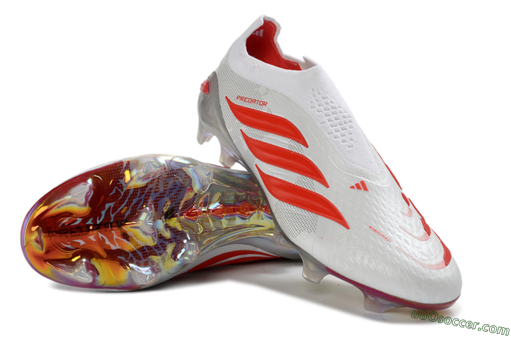 Adidas Predator 26 Elite Laceless FG Firm Ground Soccer Cleats - White/Fiery Red/Crystal Clear 3