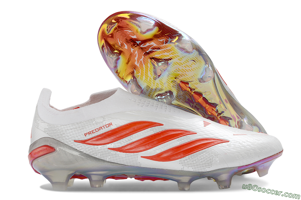 Adidas Predator 26 Elite Laceless FG Firm Ground Soccer Cleats - White/Fiery Red/Crystal Clear 1