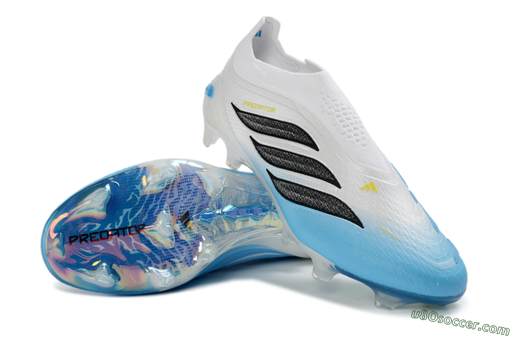 Adidas Predator 26 Elite Laceless FG Firm Ground Soccer Cleats - White/Sky Blue/Black 3