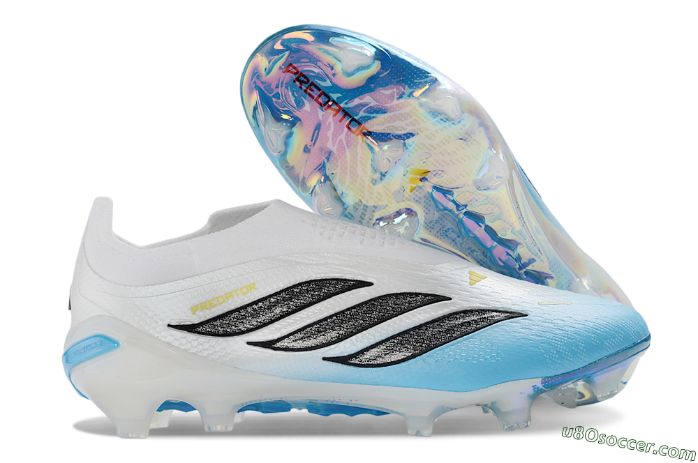 Adidas Predator 26 Elite Laceless FG Firm Ground Soccer Cleats - White/Sky Blue/Black 1