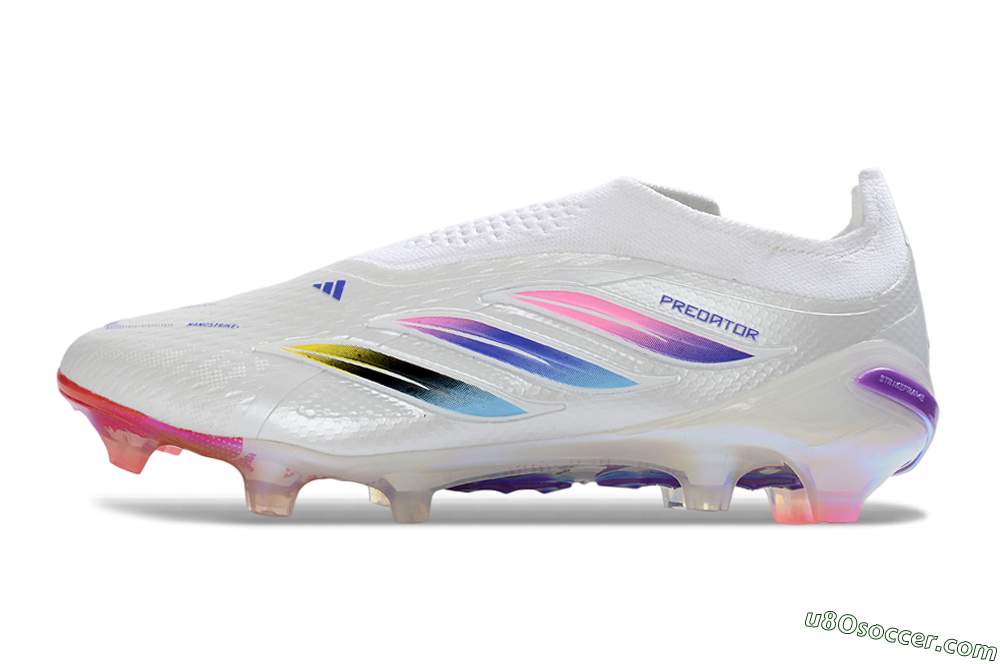 Adidas Predator 26 Elite Laceless FG Firm Ground Soccer Cleats - White/Iridescent Pink/Iridescent Blue 2