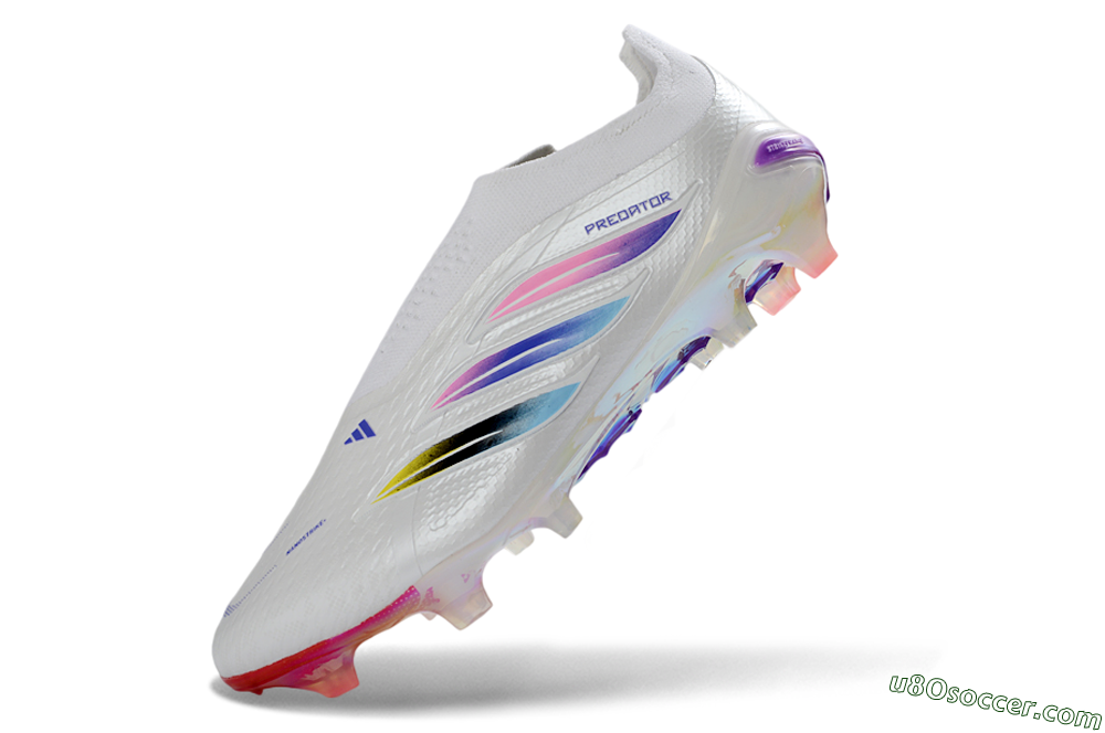 Adidas Predator 26 Elite Laceless FG Firm Ground Soccer Cleats - White/Iridescent Pink/Iridescent Blue 5