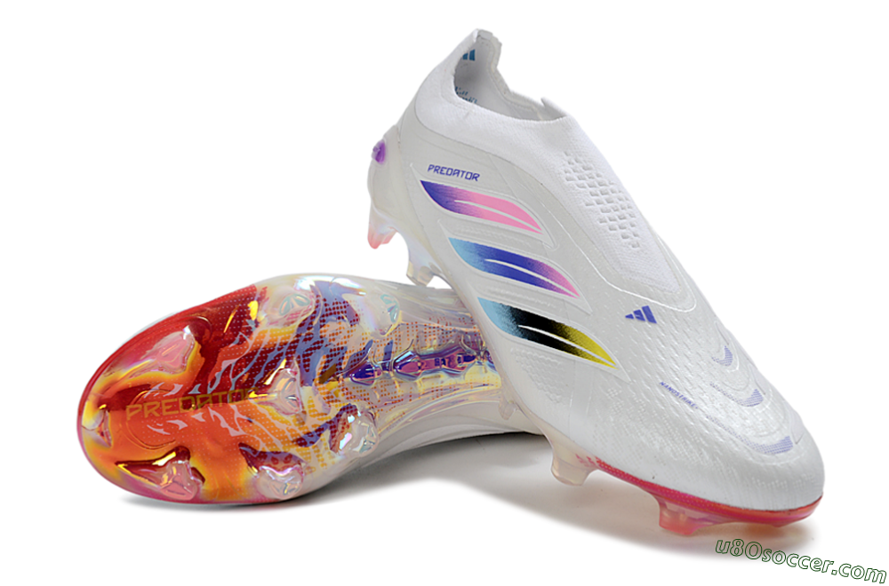 Adidas Predator 26 Elite Laceless FG Firm Ground Soccer Cleats - White/Iridescent Pink/Iridescent Blue 3