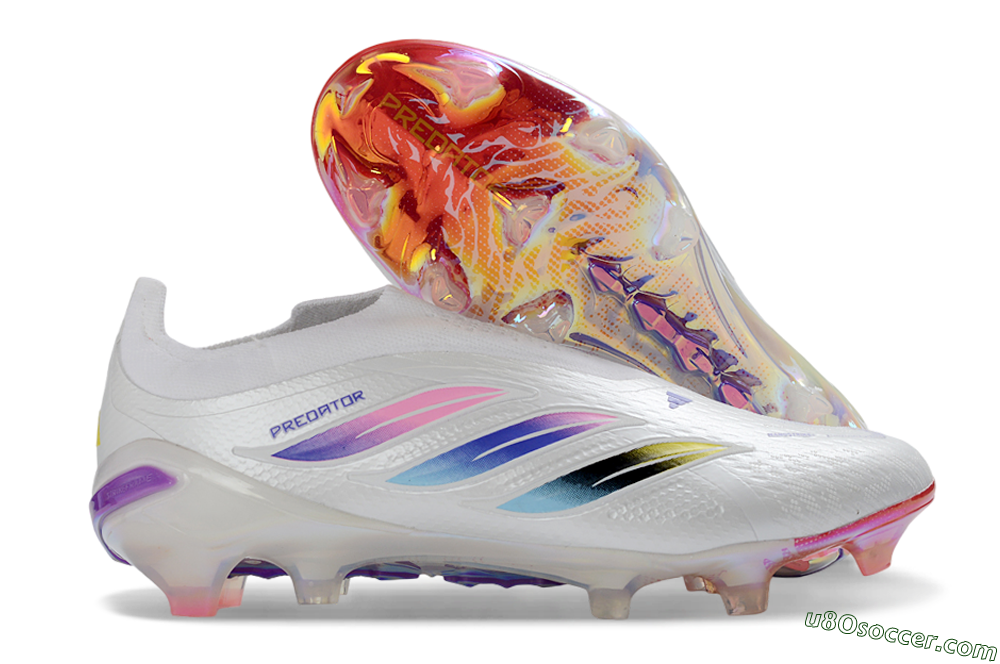Adidas Predator 26 Elite Laceless FG Firm Ground Soccer Cleats - White/Iridescent Pink/Iridescent Blue 1