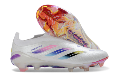 Adidas Predator 26 Elite Laceless FG Firm Ground Soccer Cleats - White/Iridescent Pink/Iridescent Blue