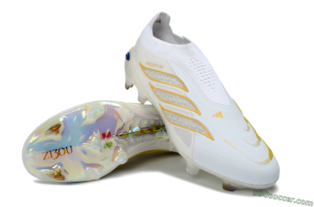 Adidas Predator 26 Elite Laceless FG Firm Ground Soccer Cleats - White/Golden Touch/Iridescent Shine 3
