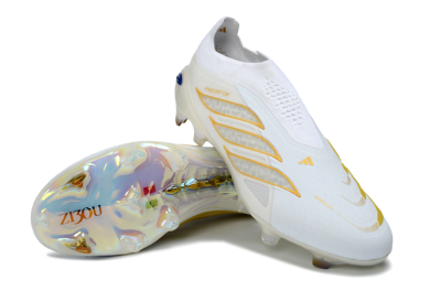 Adidas Predator 26 Elite Laceless FG Firm Ground Soccer Cleats - White/Golden Touch/Iridescent Shine