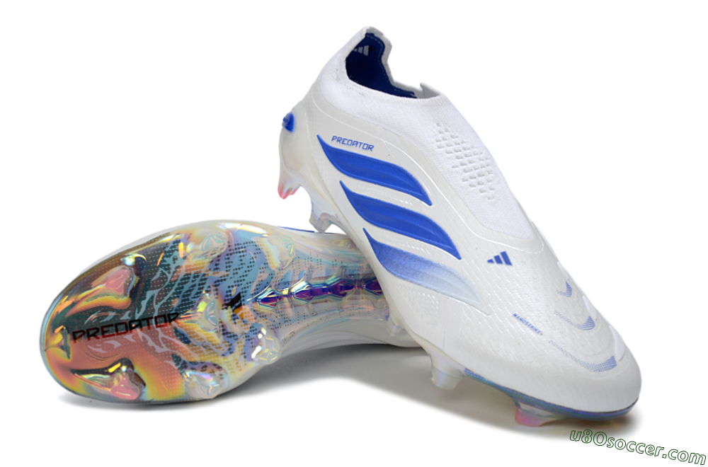 Adidas Predator 26 Elite Laceless FG Firm Ground Soccer Cleats - White/Electric Blue/Silver 3