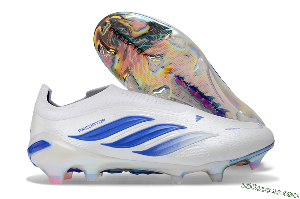 Adidas Predator 26 Elite Laceless FG Firm Ground Soccer Cleats - White/Electric Blue/Silver 1