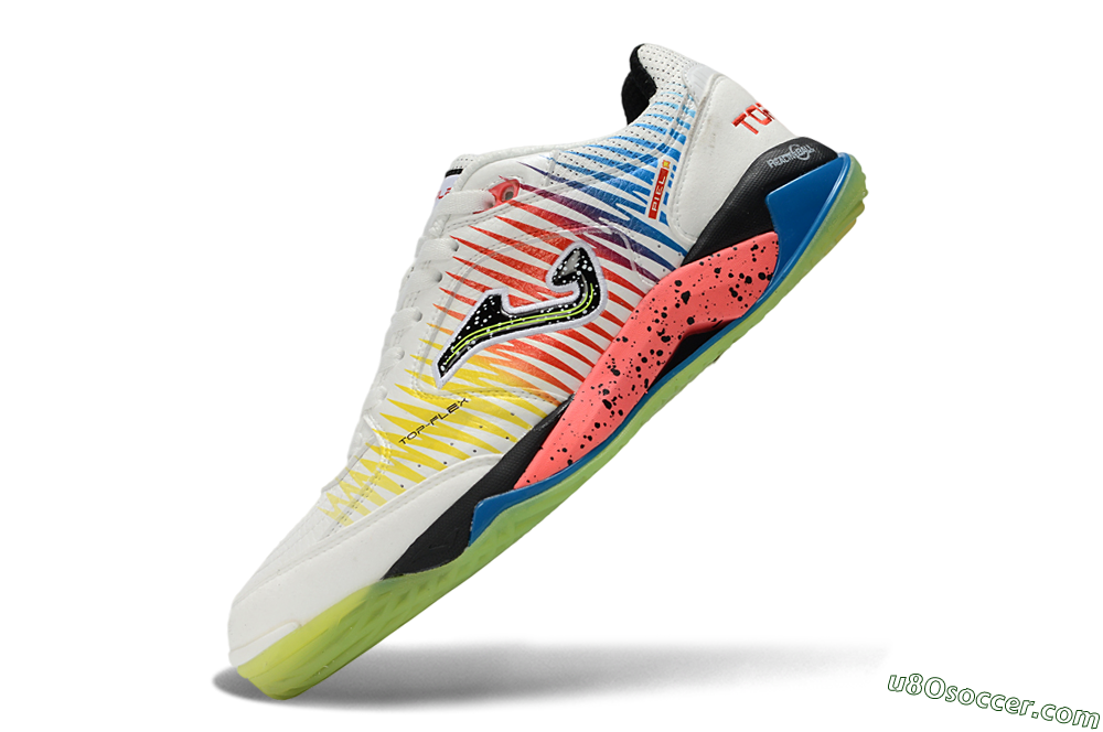 Joma Top Flex IC Indoor & Futsal Soccer Shoes - White/Neon Green/Coral Pink 5