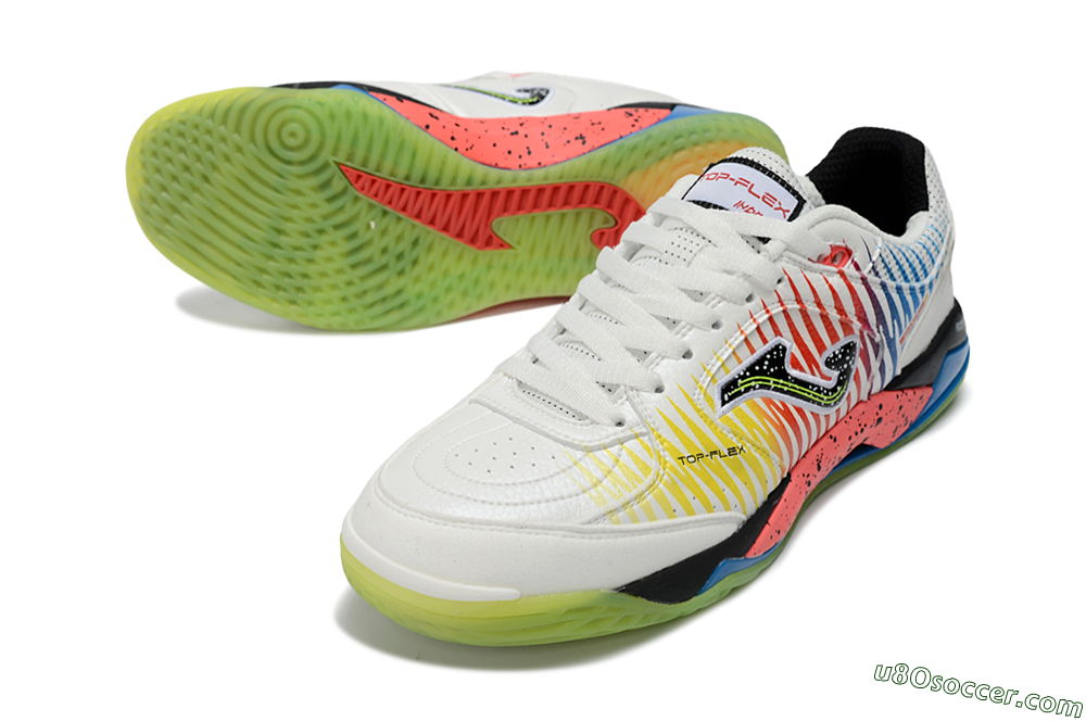 Joma Top Flex IC Indoor & Futsal Soccer Shoes - White/Neon Green/Coral Pink 3