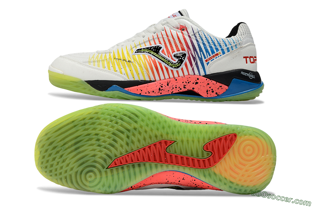 Joma Top Flex IC Indoor & Futsal Soccer Shoes - White/Neon Green/Coral Pink 0