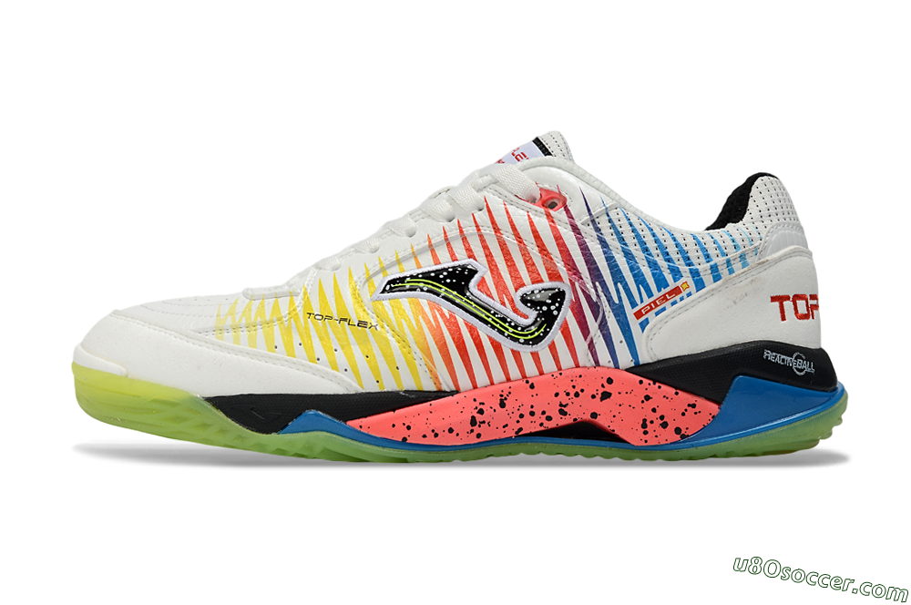 Joma Top Flex IC Indoor & Futsal Soccer Shoes - White/Neon Green/Coral Pink 2