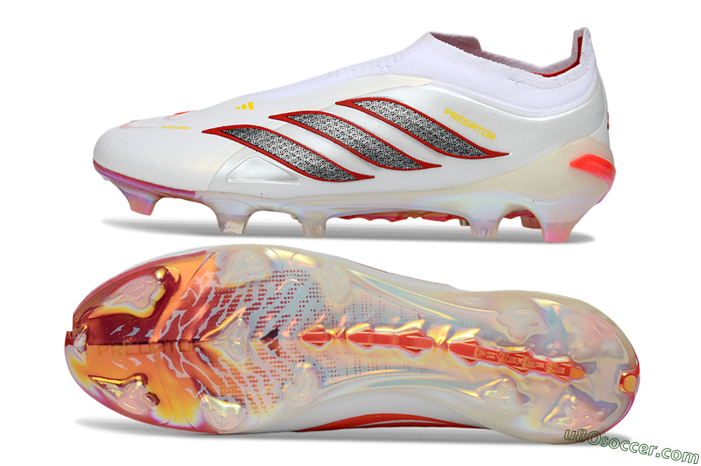 Adidas Predator 26 Elite Laceless FG Firm Ground Soccer Cleats - White/Vibrant Red/Metallic Silver 0