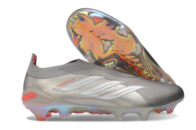 Adidas Predator 26 Elite Laceless FG Firm Ground Soccer Cleats - Gray/Supernova Silver/Red Flash