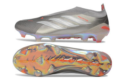 Adidas Predator 26 Elite Laceless FG Firm Ground Soccer Cleats - Gray/Supernova Silver/Red Flash