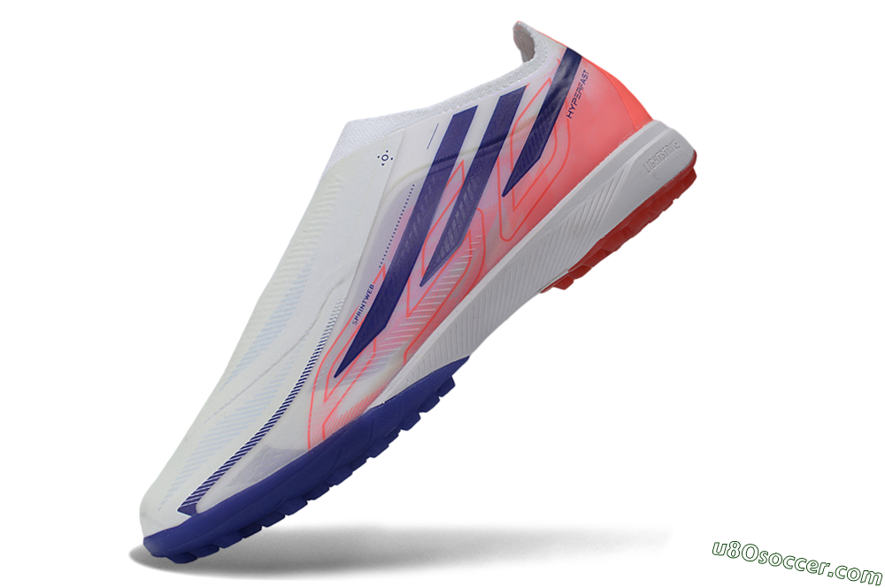 Adidas F50 Hyperfast Elite Laceless TF Artificial Turf Soccer Shoes - White/Vibrant Coral/Deep Blue 5