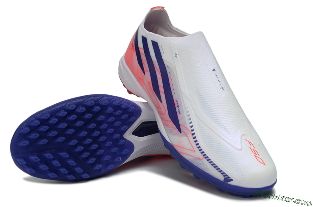 Adidas F50 Hyperfast Elite Laceless TF Artificial Turf Soccer Shoes - White/Vibrant Coral/Deep Blue 3