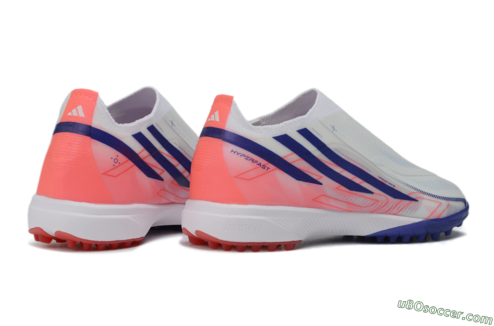 Adidas F50 Hyperfast Elite Laceless TF Artificial Turf Soccer Shoes - White/Vibrant Coral/Deep Blue 6