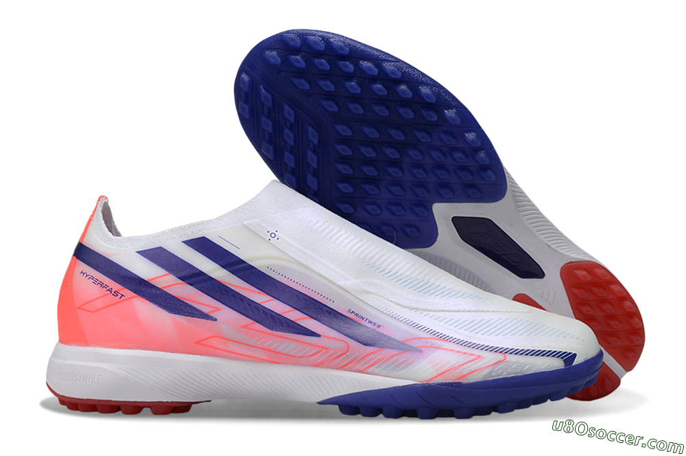 Adidas F50 Hyperfast Elite Laceless TF Artificial Turf Soccer Shoes - White/Vibrant Coral/Deep Blue 1