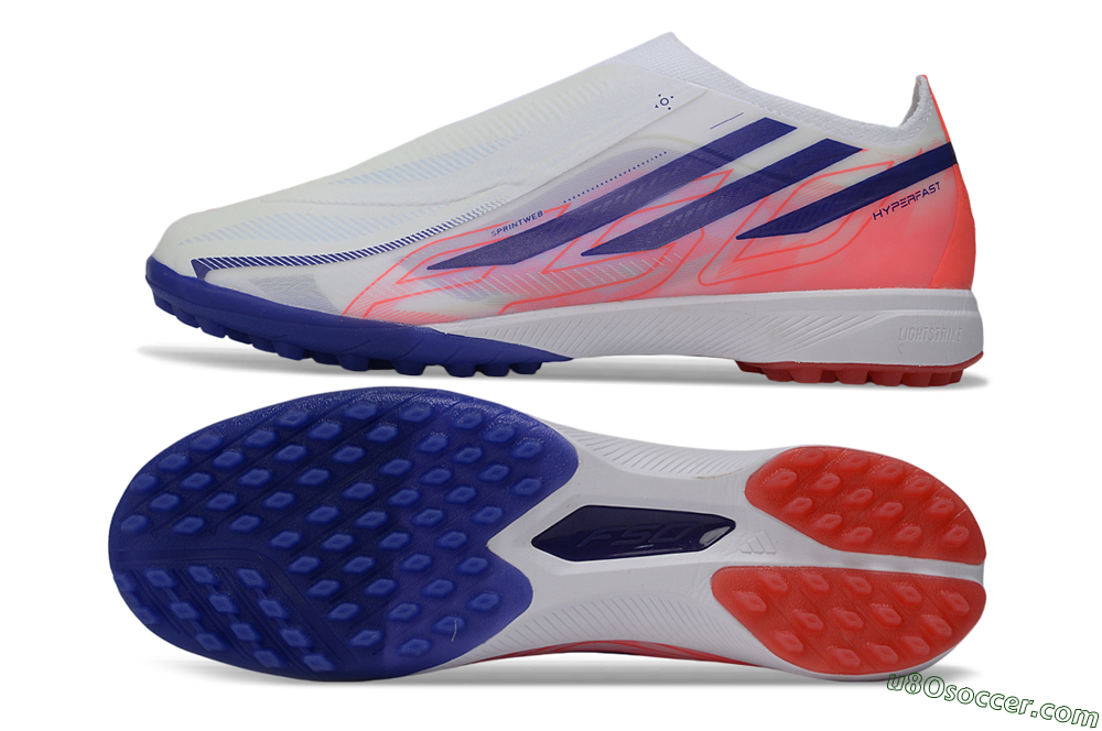 Adidas F50 Hyperfast Elite Laceless TF Artificial Turf Soccer Shoes - White/Vibrant Coral/Deep Blue 0