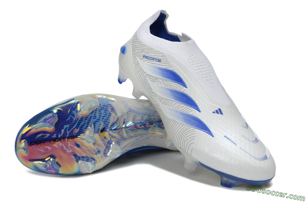 Adidas Predator 26 Elite Laceless FG Firm Ground Soccer Cleats - White/Cloud White/Lucid Blue 3