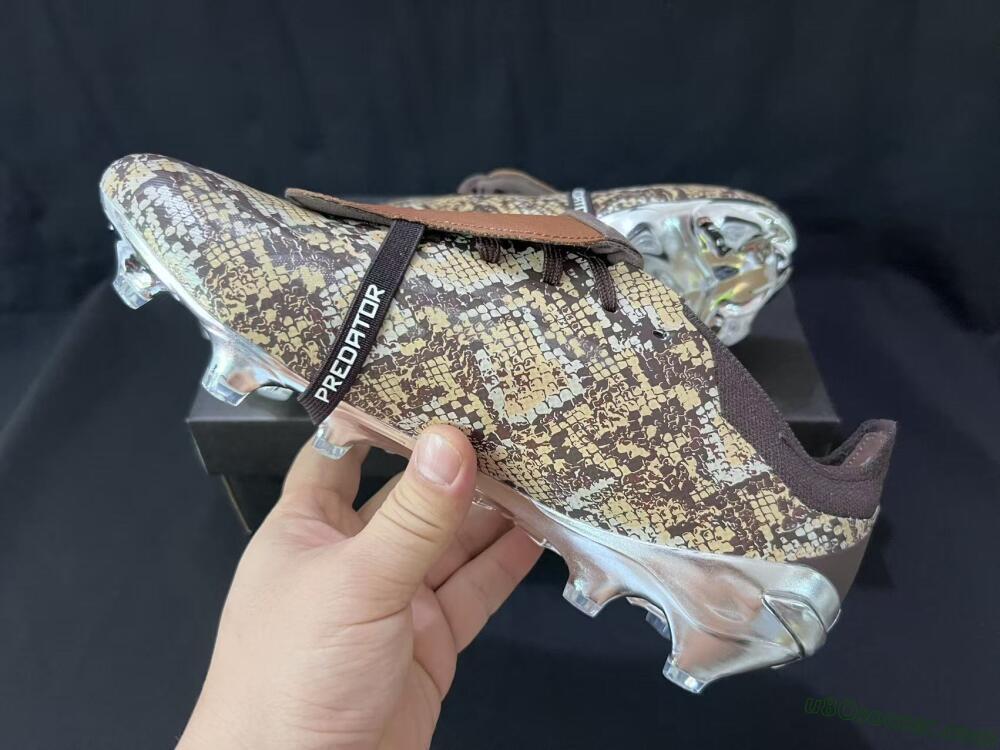 Adidas Predator 26 Elite Fold-Over Tongue FG Firm Ground Soccer Cleats - Brown/Metallic Silver/Snakeskin Print