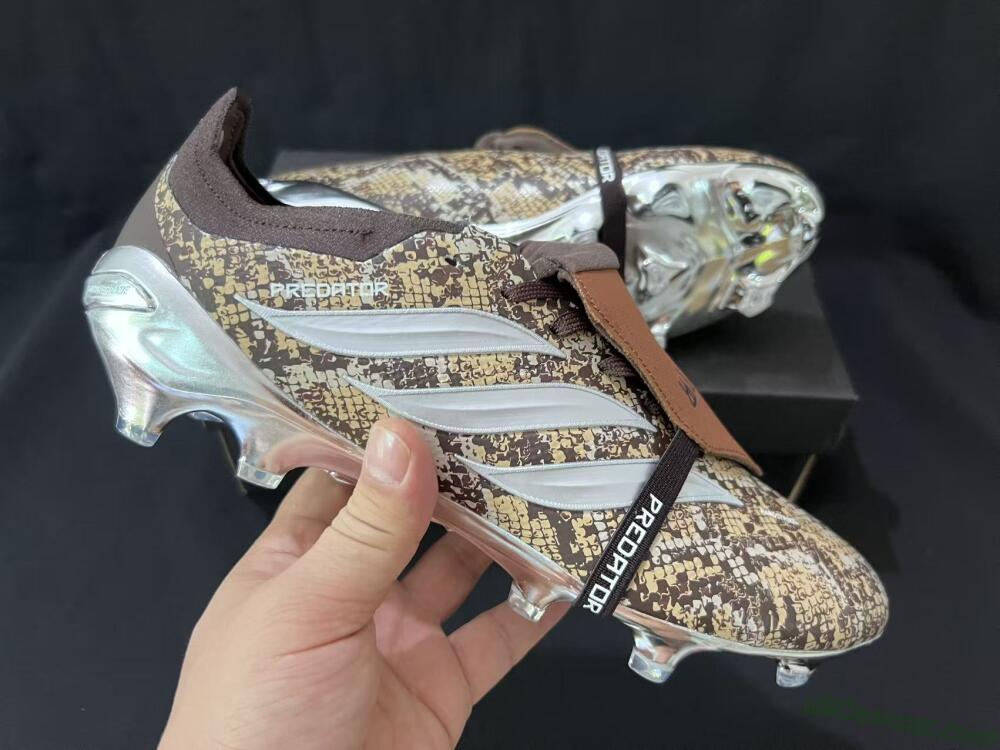 Adidas Predator 26 Elite Fold-Over Tongue FG Firm Ground Soccer Cleats - Brown/Metallic Silver/Snakeskin Print