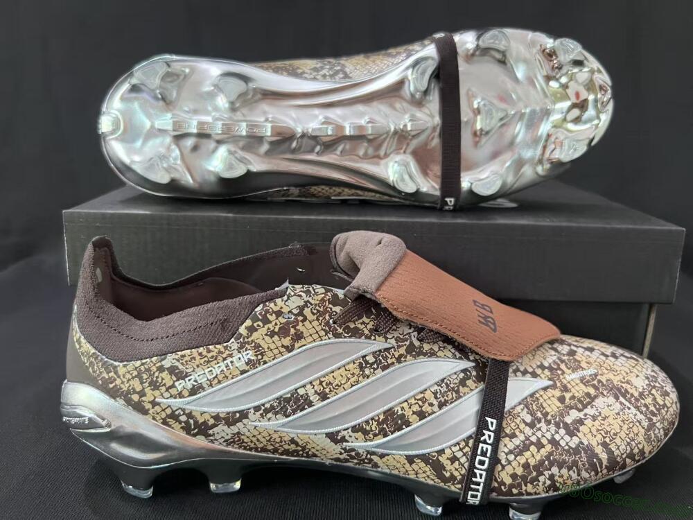 Adidas Predator 26 Elite Fold-Over Tongue FG Firm Ground Soccer Cleats - Brown/Metallic Silver/Snakeskin Print