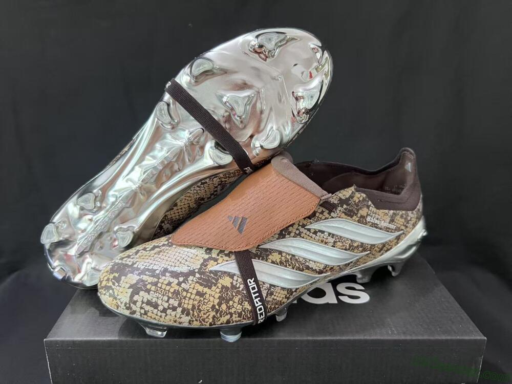 Adidas Predator 26 Elite Fold-Over Tongue FG Firm Ground Soccer Cleats - Brown/Metallic Silver/Snakeskin Print