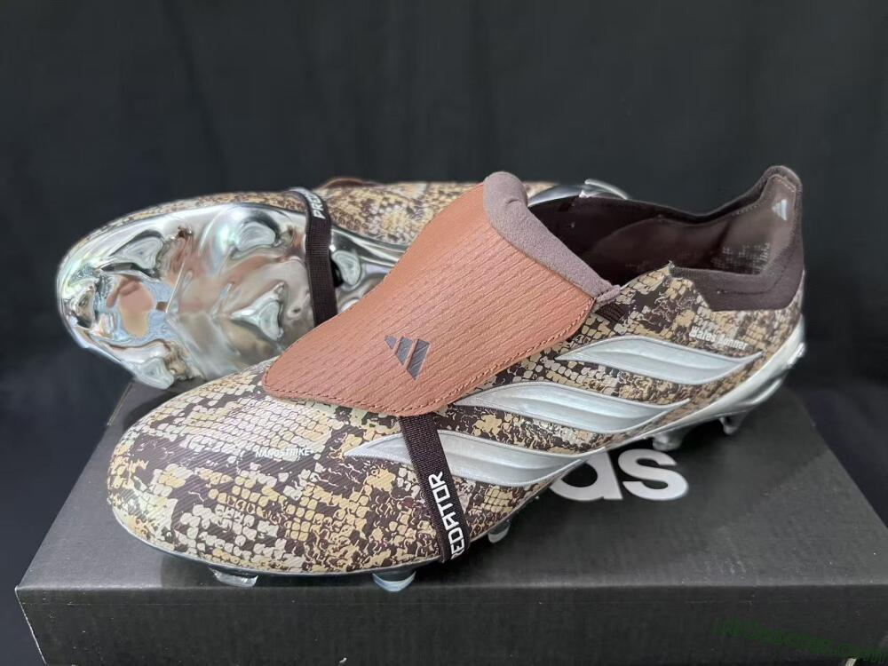Adidas Predator 26 Elite Fold-Over Tongue FG Firm Ground Soccer Cleats - Brown/Metallic Silver/Snakeskin Print