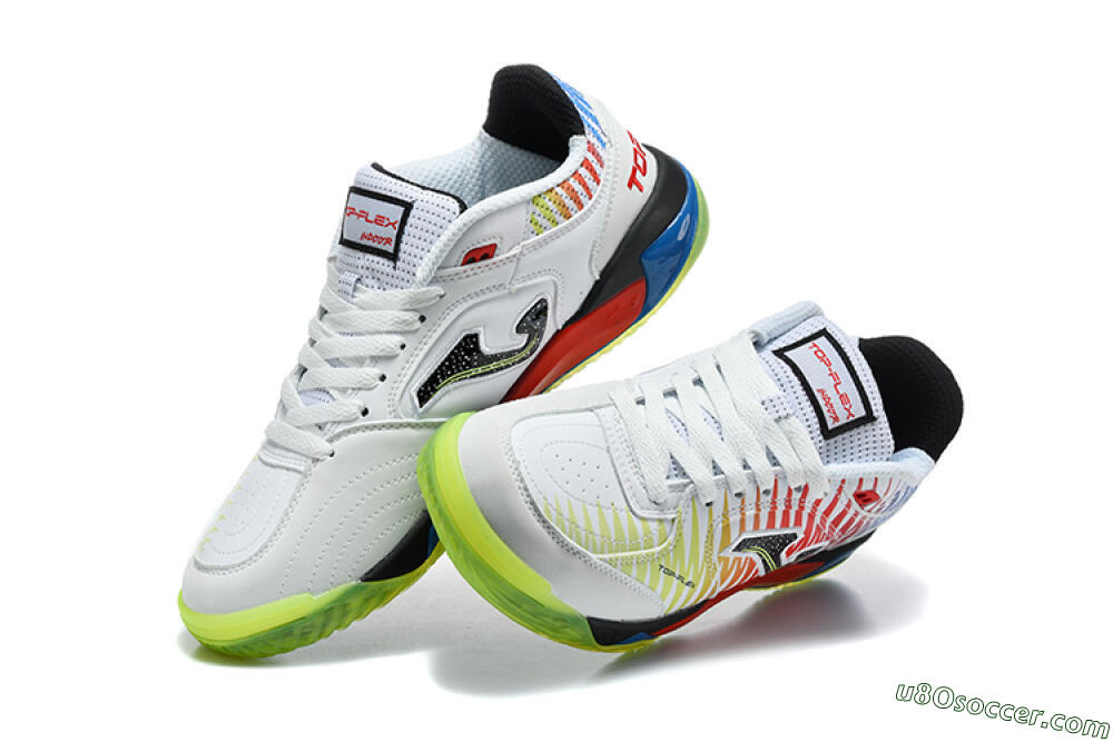 Joma Top Flex IC Indoor & Futsal Soccer Shoes - White/Multi-Color/Neon Green 6