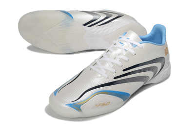 Adidas F50 Elite Tunit IC Indoor & Futsal Soccer Shoes - White/Sky Blue/Navy