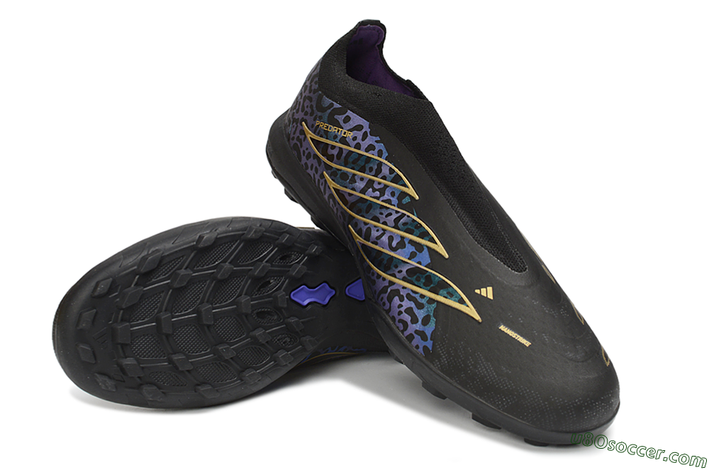Adidas Predator 26 Elite Laceless TF Artificial Turf Soccer Shoes - Black/Metallic Gold/Iridescent Leopard 4