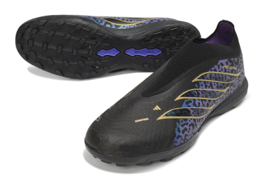 Adidas Predator 26 Elite Laceless TF Artificial Turf Soccer Shoes - Black/Metallic Gold/Iridescent Leopard