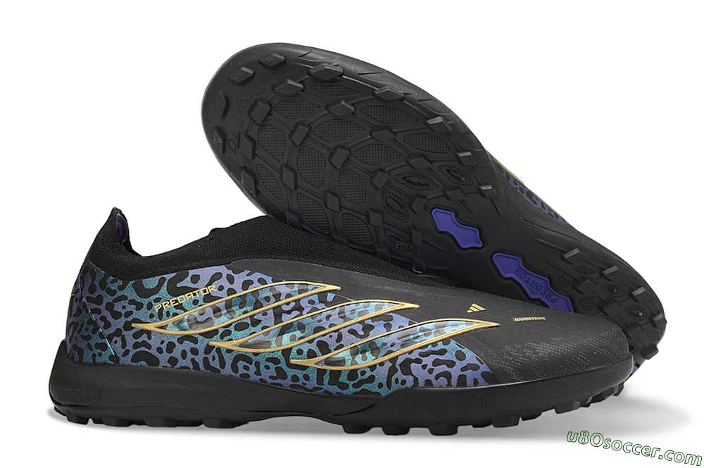 Adidas Predator 26 Elite Laceless TF Artificial Turf Soccer Shoes - Black/Metallic Gold/Iridescent Leopard 1
