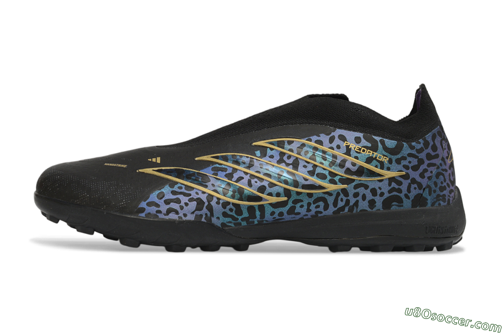 Adidas Predator 26 Elite Laceless TF Artificial Turf Soccer Shoes - Black/Metallic Gold/Iridescent Leopard 2