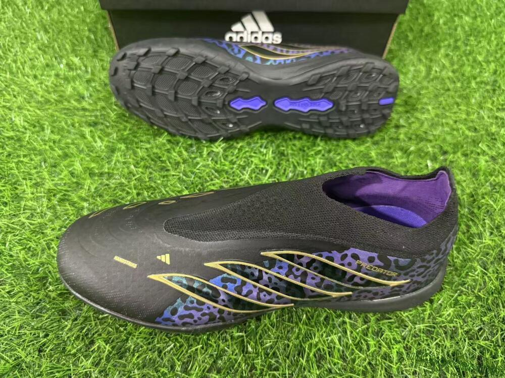 Adidas Predator 26 Elite Laceless TF Artificial Turf Soccer Shoes - Black/Metallic Gold/Iridescent Leopard