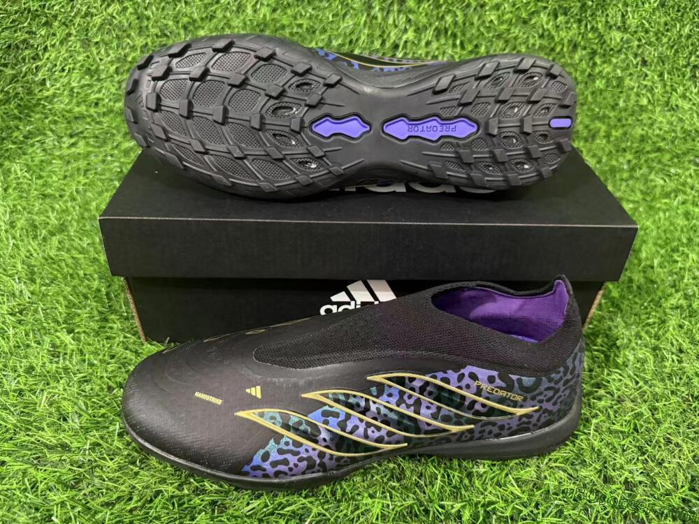 Adidas Predator 26 Elite Laceless TF Artificial Turf Soccer Shoes - Black/Metallic Gold/Iridescent Leopard