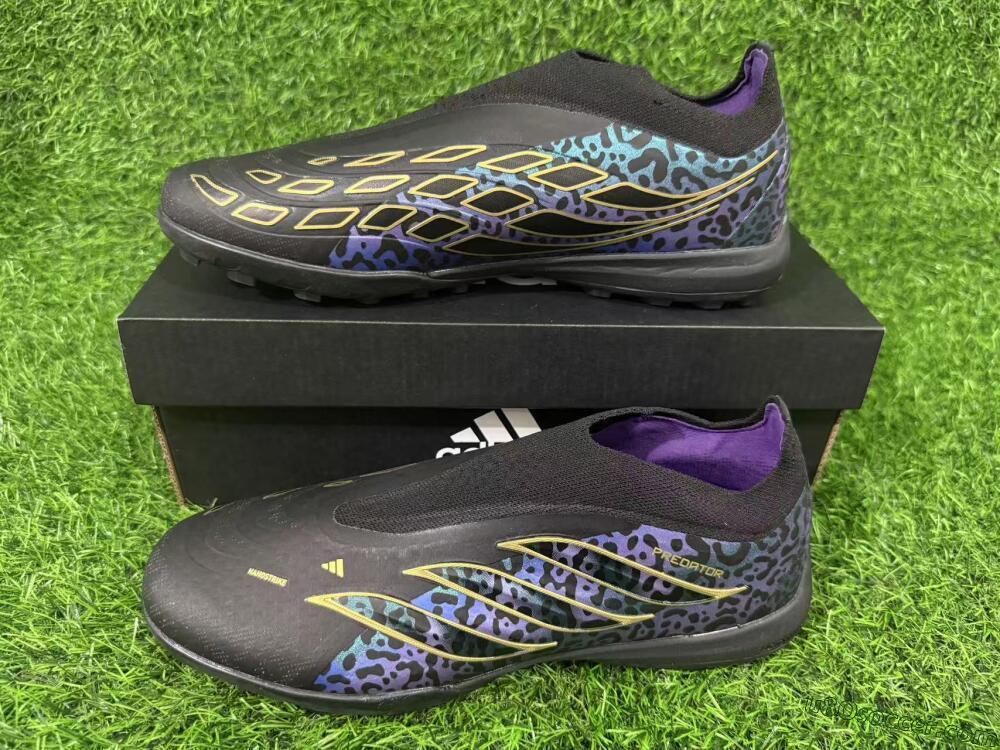 Adidas Predator 26 Elite Laceless TF Artificial Turf Soccer Shoes - Black/Metallic Gold/Iridescent Leopard