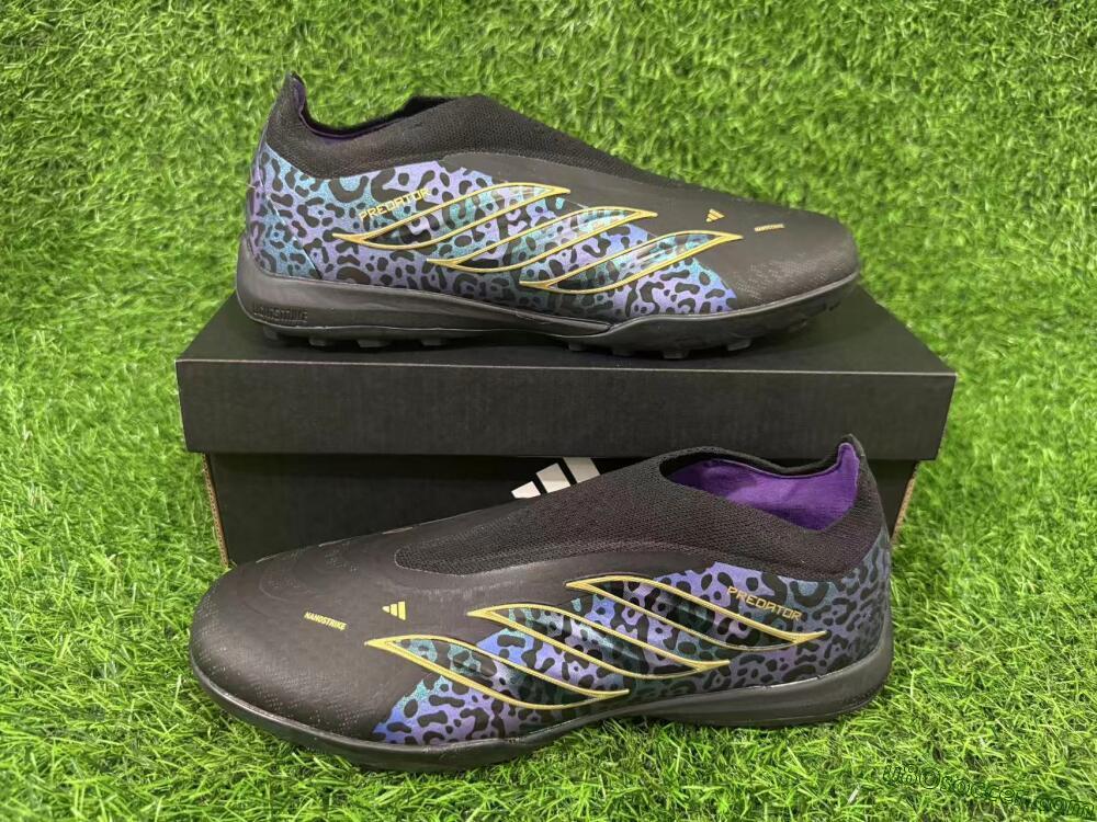 Adidas Predator 26 Elite Laceless TF Artificial Turf Soccer Shoes - Black/Metallic Gold/Iridescent Leopard
