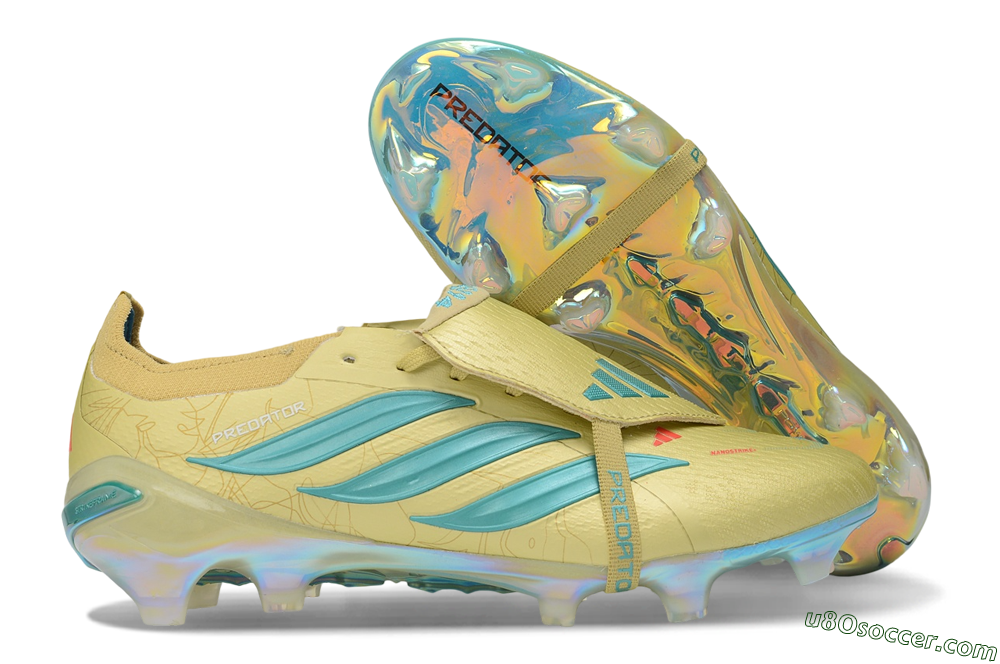 Adidas Predator 26 Elite Fold-Over Tongue FG Firm Ground Soccer Cleats - Gold/Desert Sand/Turquoise 1