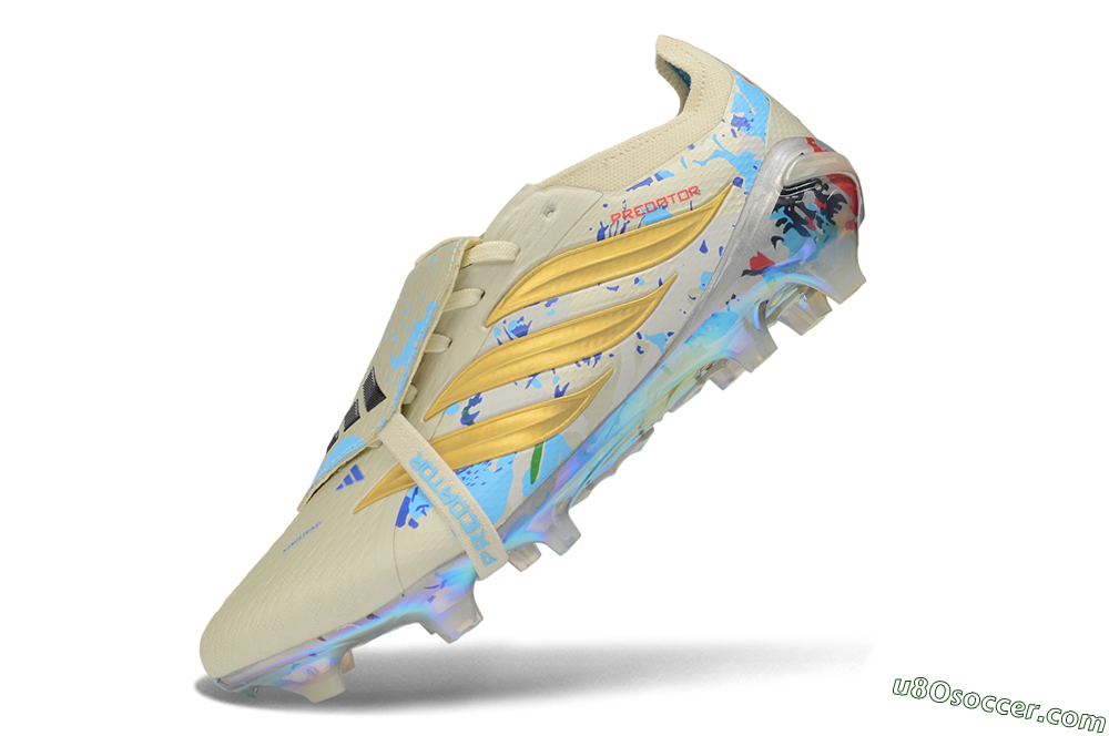 Adidas Predator 26 Elite Fold-Over Tongue FG Firm Ground Soccer Cleats - Beige/Metallic Gold/Iridescent Blue 5