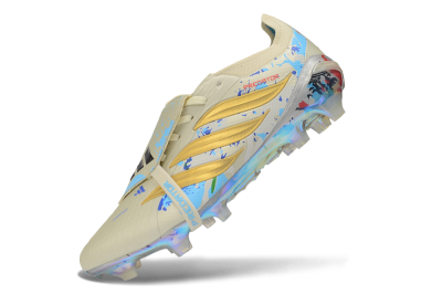 Adidas Predator 26 Elite Fold-Over Tongue FG Firm Ground Soccer Cleats - Beige/Metallic Gold/Iridescent Blue