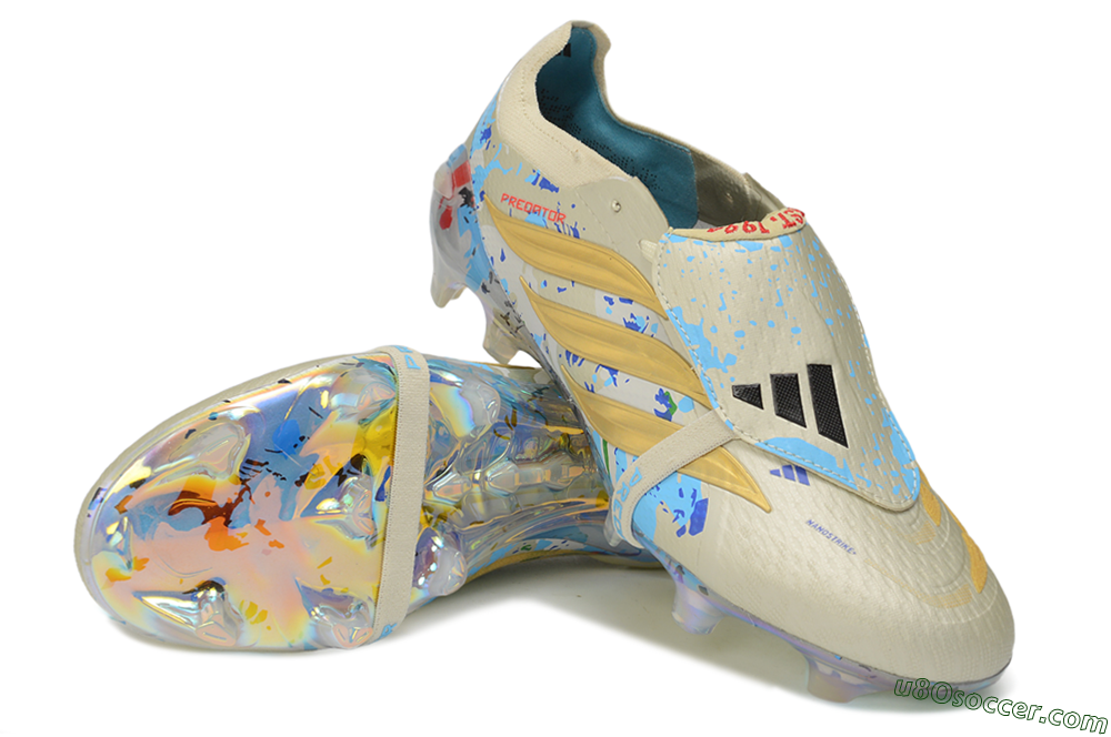 Adidas Predator 26 Elite Fold-Over Tongue FG Firm Ground Soccer Cleats - Beige/Metallic Gold/Iridescent Blue 3