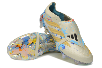 Adidas Predator 26 Elite Fold-Over Tongue FG Firm Ground Soccer Cleats - Beige/Metallic Gold/Iridescent Blue