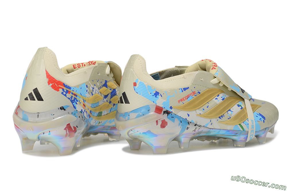 Adidas Predator 26 Elite Fold-Over Tongue FG Firm Ground Soccer Cleats - Beige/Metallic Gold/Iridescent Blue 6