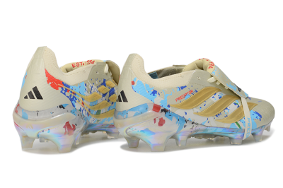 Adidas Predator 26 Elite Fold-Over Tongue FG Firm Ground Soccer Cleats - Beige/Metallic Gold/Iridescent Blue