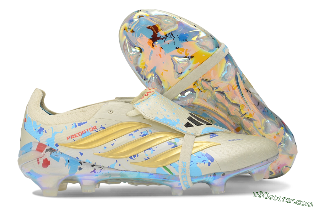 Adidas Predator 26 Elite Fold-Over Tongue FG Firm Ground Soccer Cleats - Beige/Metallic Gold/Iridescent Blue 1